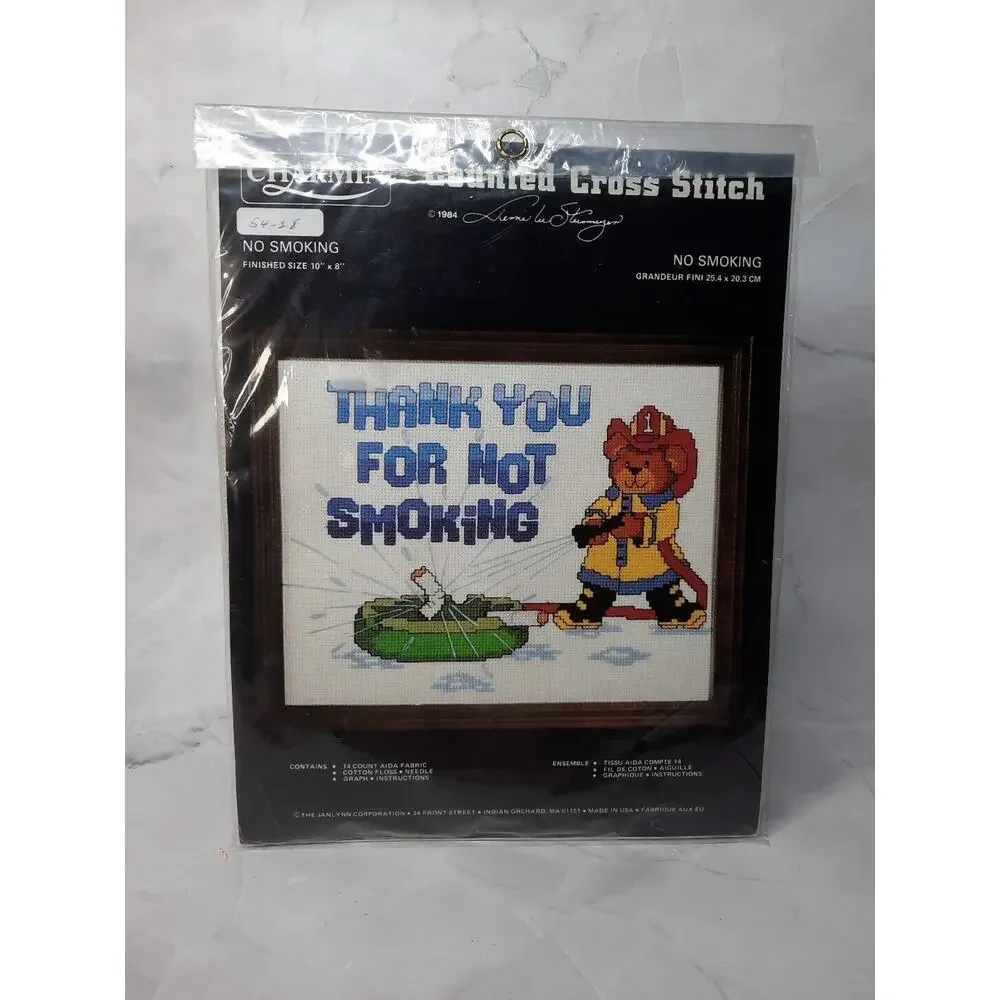 Vintage Janlynn Charmin Counted Cross Stitch Kit No Smoking Firefighter Bear